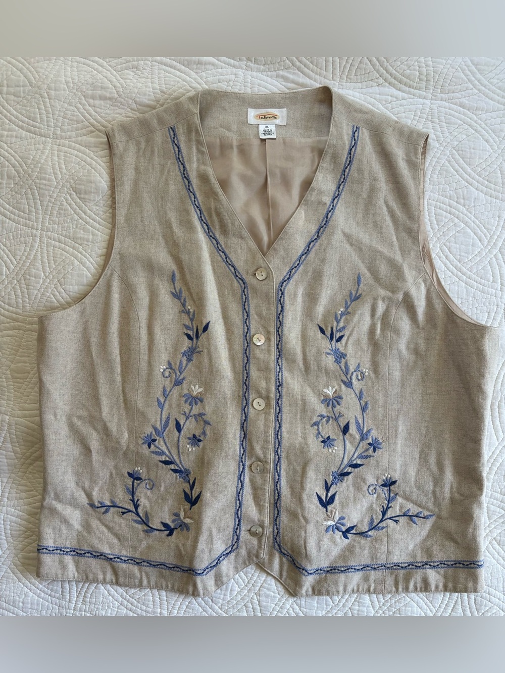 Linen Floral Embroidery Vest XL Vintage Talbots